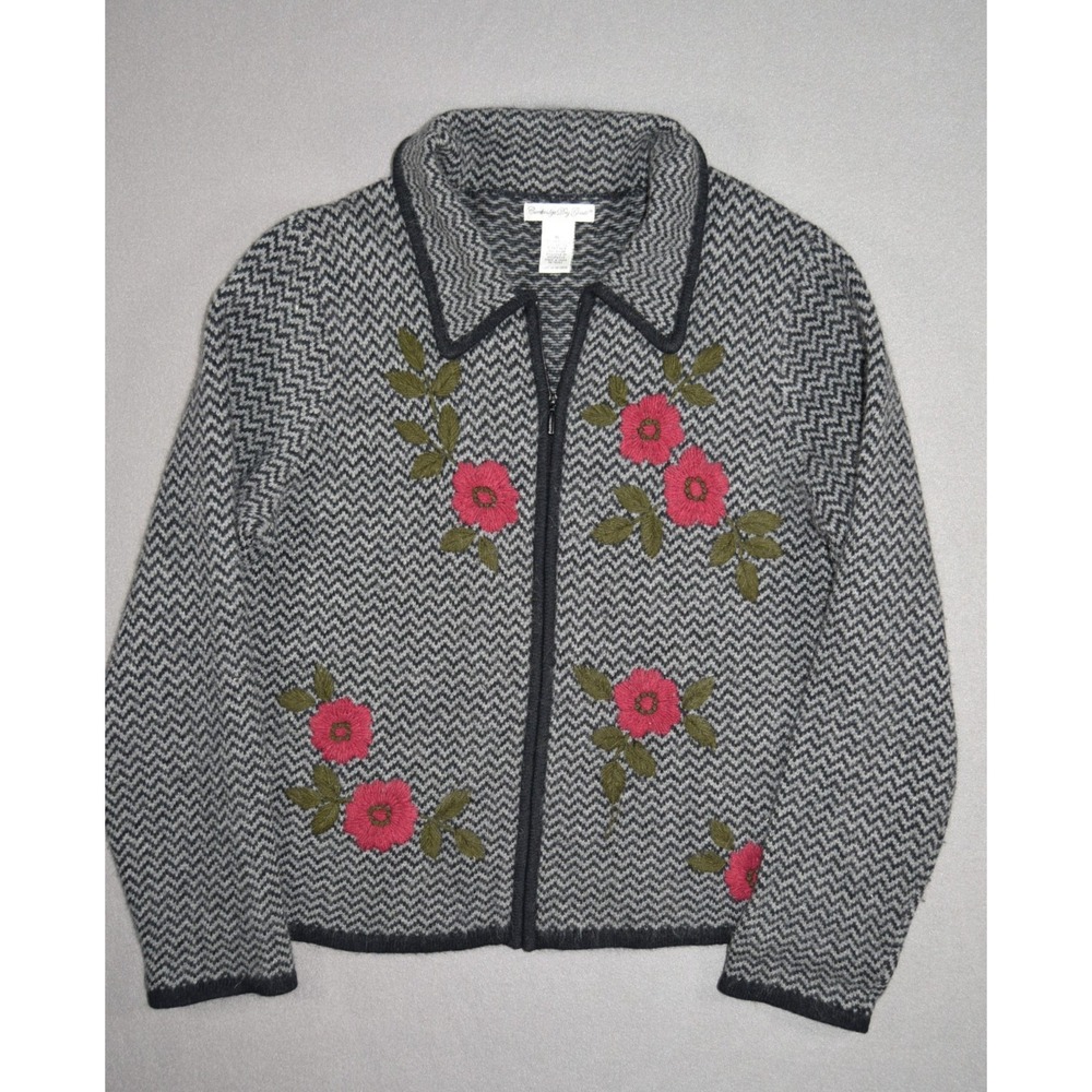 Cambridge Dry Goods Sweater Womens XL Angora Wool Floral Embroidered Chevron Zip